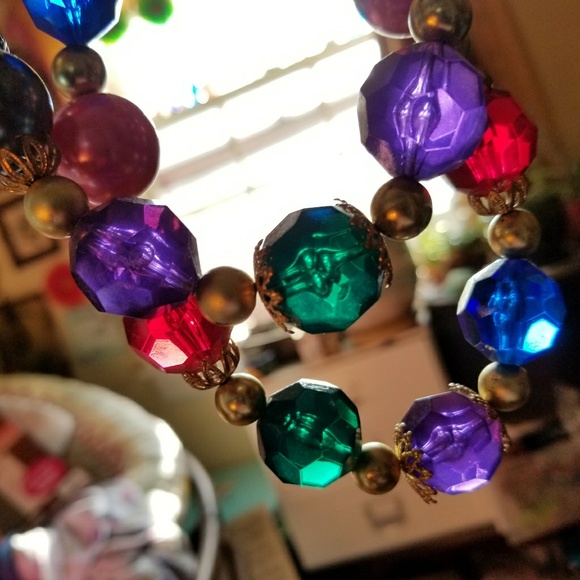 Vintage necklace chunky beads colorful gold tone jewel tones - Picture 4 of 5